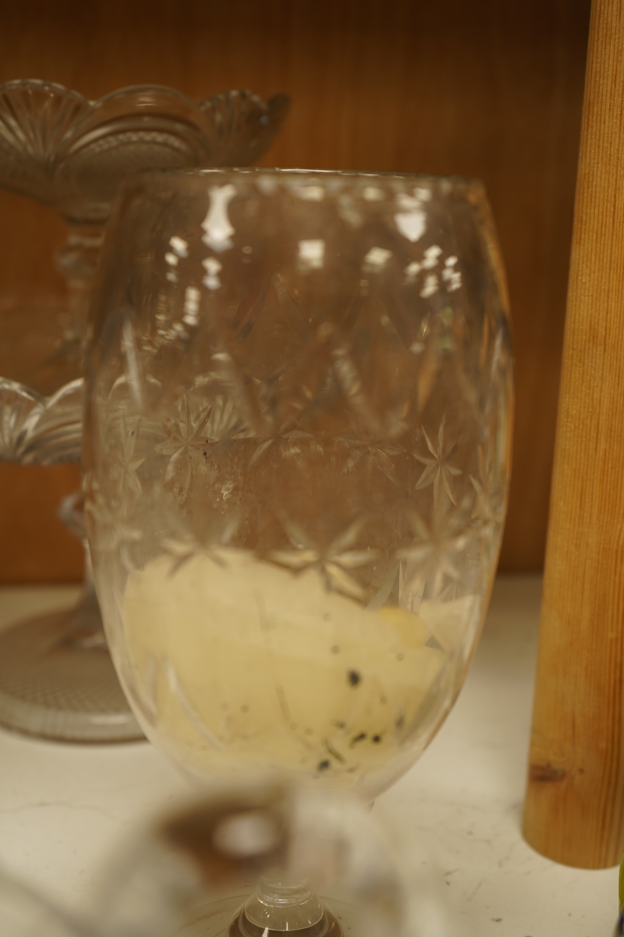 Collection of glassware to include William Yeoward beehive honey skep, five pressed glass comports and other glassware, largest 23cm in diameter